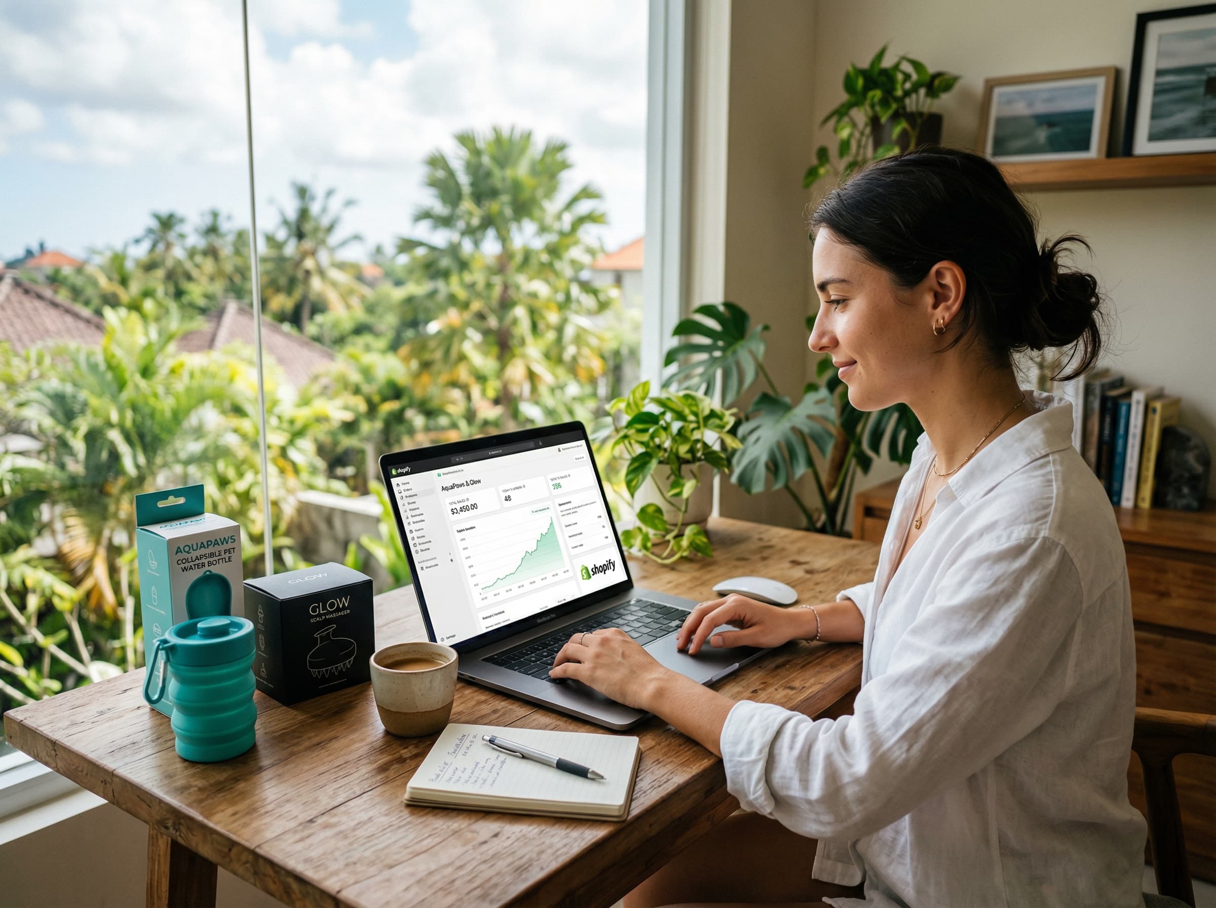 A female entrepreneur in a bright modern home office reviewing a rising Shopify sales dashboard. The desk shows dropshipping product samples including a collapsible pet water bottle and a scalp massager.