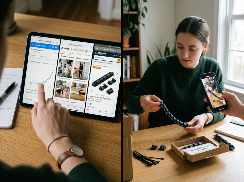 Split-screen showing e-commerce product research. The left side displays Google Trends and Amazon Best Sellers data on a tablet. The right side shows hands physically unboxing and testing a cable organizer sample.