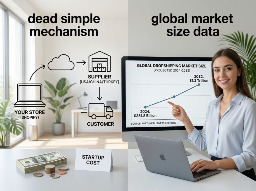 A comparison image between a dropshipping guru's 'hype' and real data. A professional young female entrepreneur (consistent with image_0.png) points to a realistic Shopify sales dashboard and a screen with global market statistics from Fortune Business Insights showing $351.8B in 2024 to $1.2T in 2032.