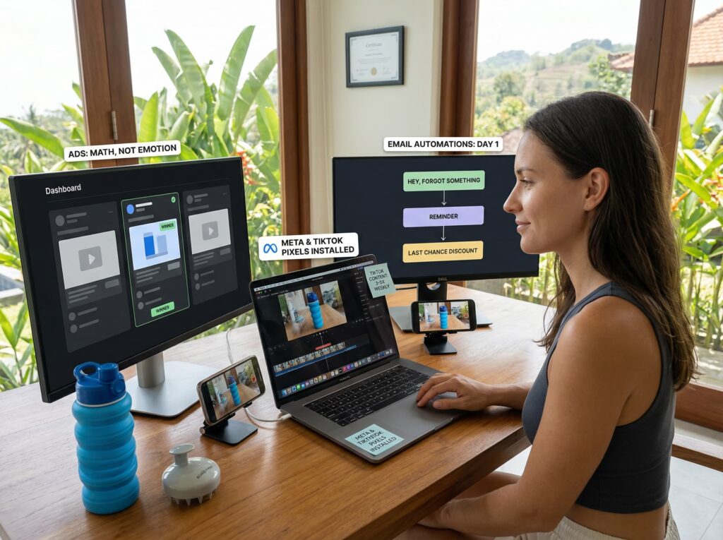 A detailed photograph of the female entrepreneur (consistent with image_0.png) in her sunlit Bali office actively managing her Shopify dropshipping marketing campaigns on day one. Her screens visualize: a comparison of simple Facebook/Instagram ads with a highlighted winner ("MATH, NOT EMOTION"), raw TikTok unboxing videos being edited, and the three-email abandoned cart automation sequence ("DAY 1"). Meta and TikTok Pixels are installed. Products like the dog water bottle from image_0.png are referenced.
