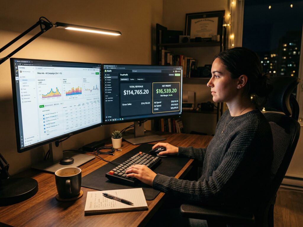 An entrepreneur working at night with a dual-monitor setup. The screens show digital ad analytics and a Shopify dashboard comparing $4,000 in total revenue to $340 in actual net profit after expenses.