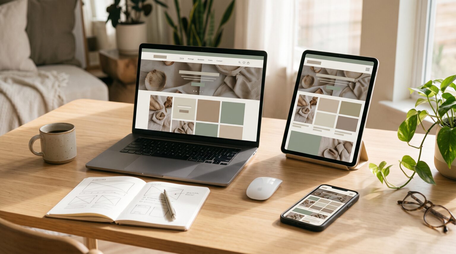 Responsive website design for beginners shown across a laptop, tablet, and smartphone
