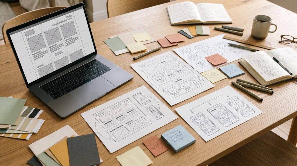 Website planning process with paper wireframes, responsive layout sketches, color swatches, and a digital wireframe on a laptop