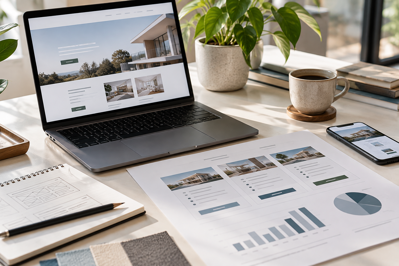 Website development tools for beginners represented by website mockups, wireframes, and project planning charts